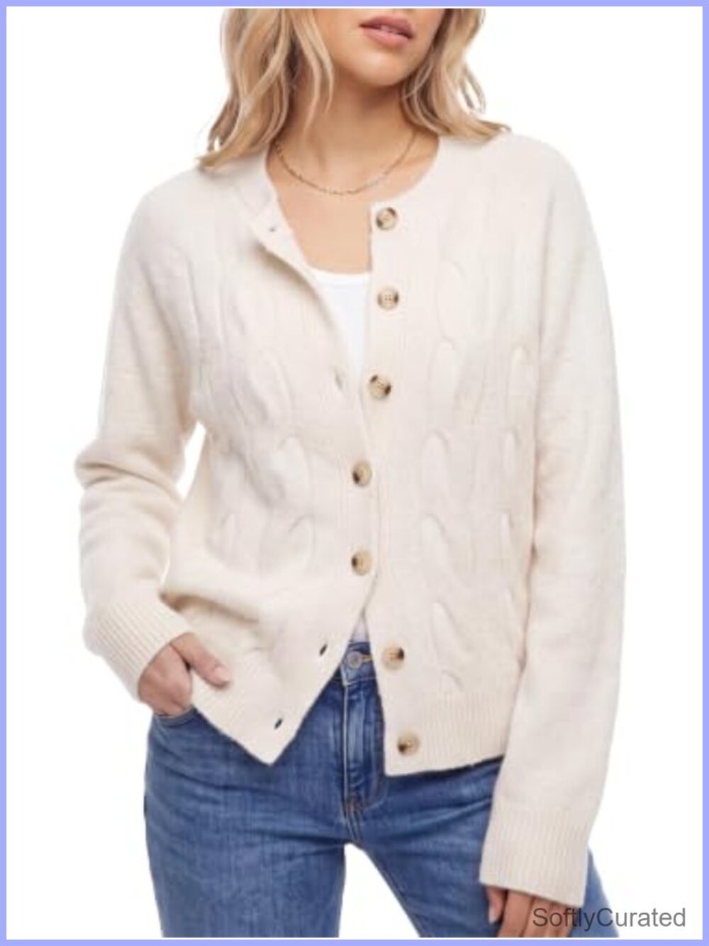 Cable Knit Cardigan Crewneck Button Up Loose Fit Sweater